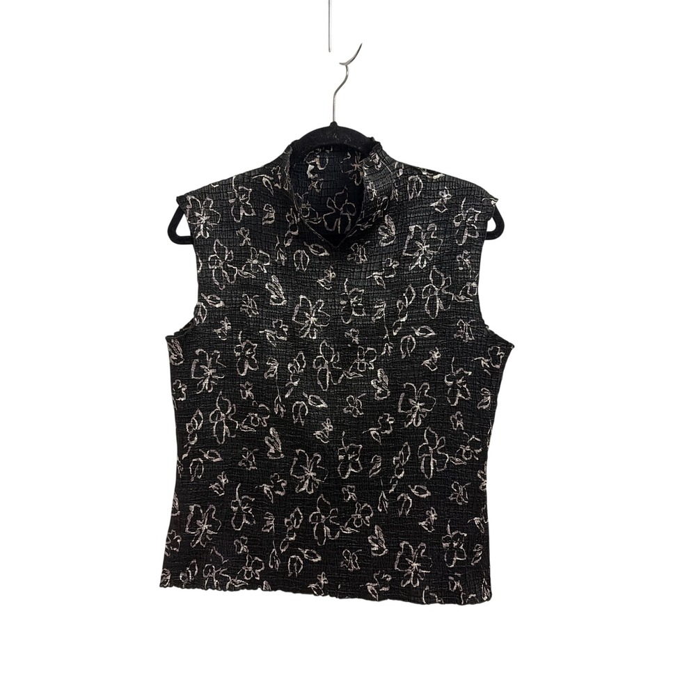 Sleeveless Top Vintage Crinkle Whimsigoth Unbranded Women L XL Black Floral Mock